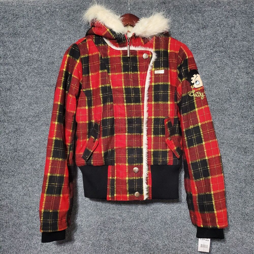 Vintage Lot 29 Betty Boop Plaid Jacket Womens Medium Red Y2K 2007 New Jazz Girl